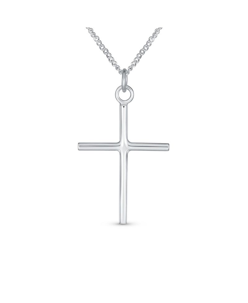 Religious Cross Pendant Necklace Minimalist Simple Tube Style .925 Sterling Silver 1.25 inch
