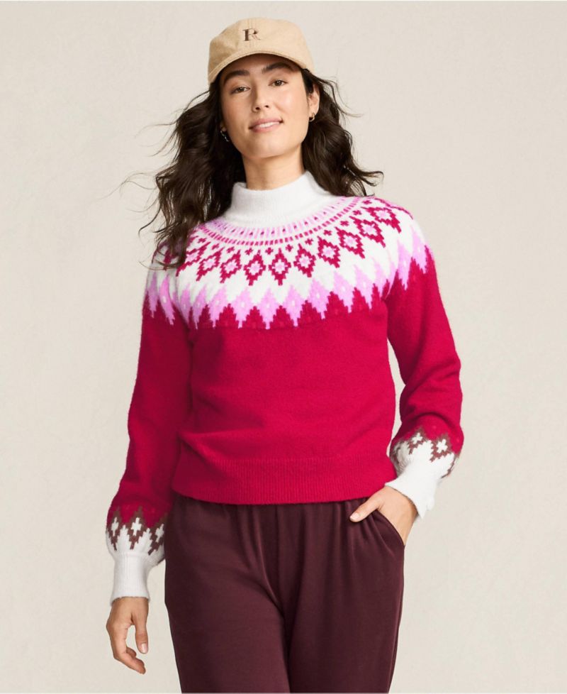 Women's Fuzzy Turtleneck Lantern Sleeve Jacquard Sweater