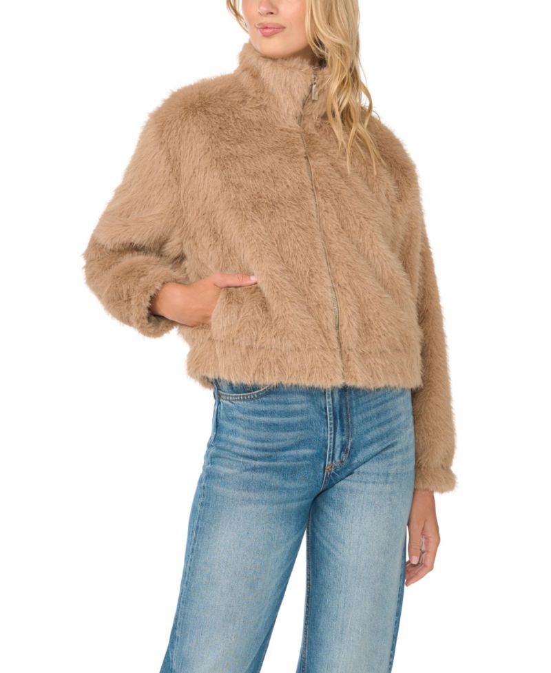 Women's Cropped Faux Fur Stand-Collar Jacket