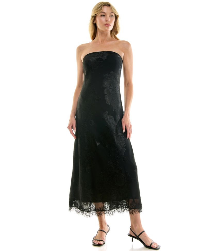 Juniors' Strapless Midi Lace-Trim Dress