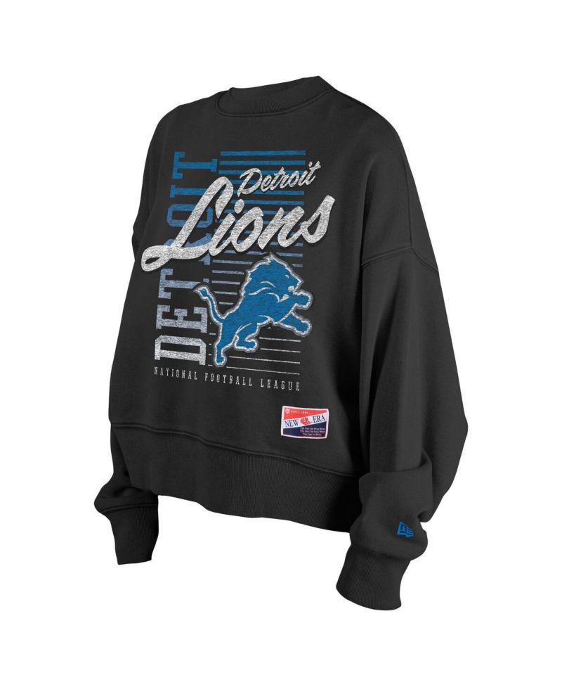 Women's Black Detroit Lions Oversized Throwback Mineral Wash Crew Neck Sweatshirt