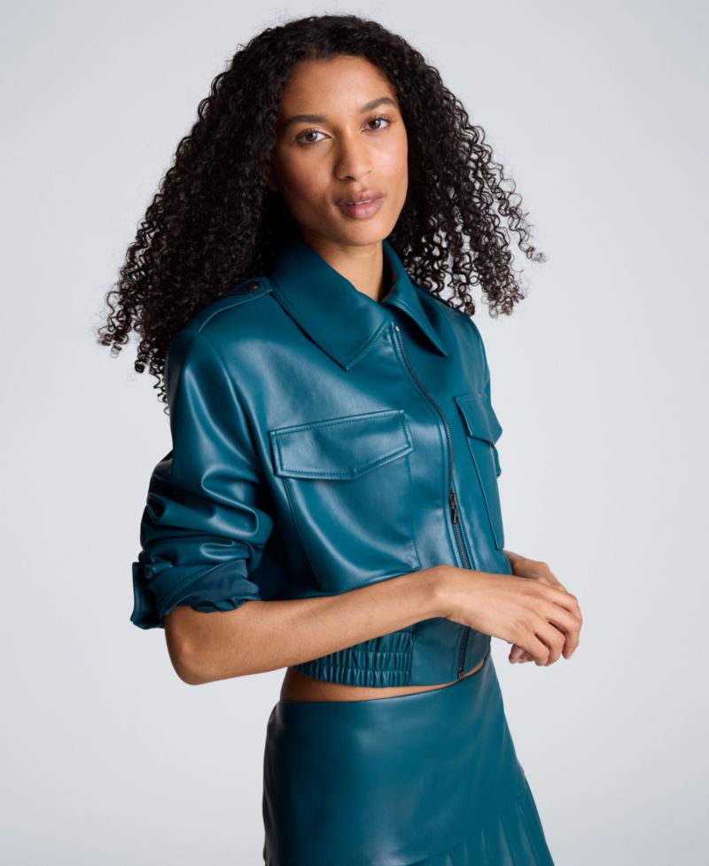 Women's Cropped Faux Leather Bomber Jacket