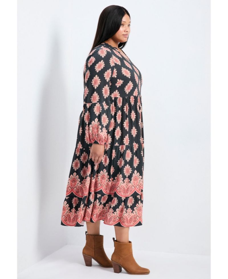 Women's Plus Size Everlasting Bordered Print Blouson Sleeve Dress