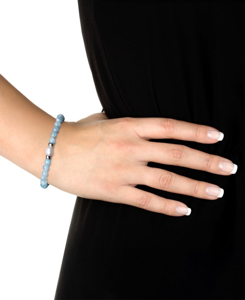 Milky Aqua & Cultured Freshwater Pearl Stretch Bracelet in Sterling Silver
