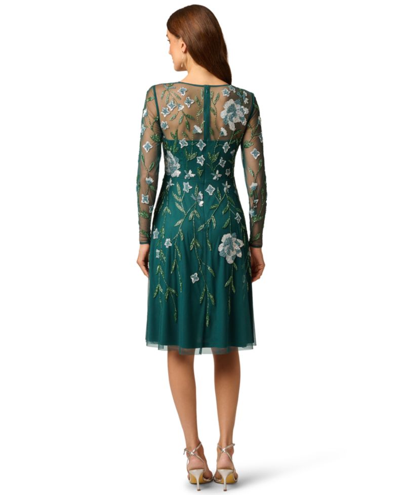Women's Beaded-Sequin Floral-Print Long-Sleeve Midi Dress