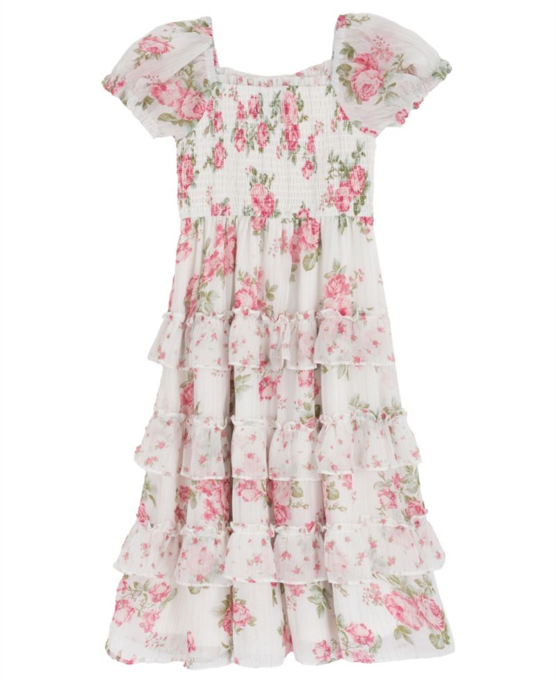 Girls' 2T-6X Twin Print Floral Chiffon Smocked Puff Sleeve Dress