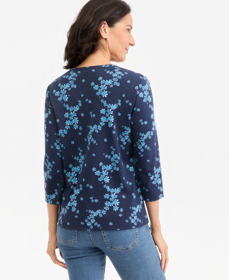 Petite V-Neck 3/4-Sleeve Scattered Floral Print T-Shirt