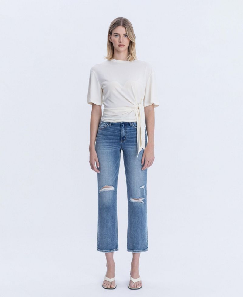 Women's High Rise Distressed Ankle Straight Jeans