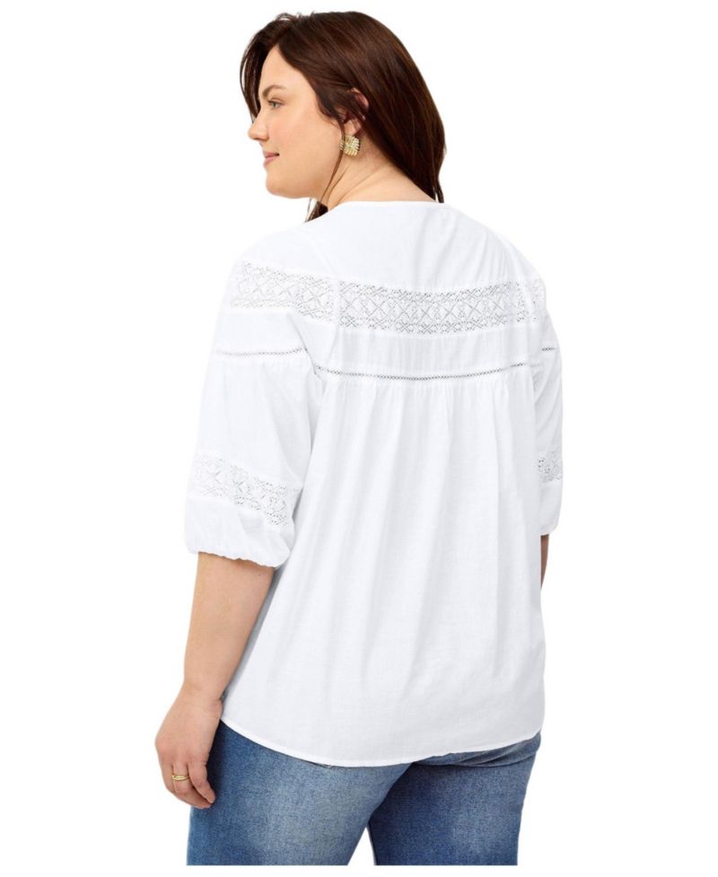 Women's 100% Cotton A-Line Three-Quarter Sleeve Keyhole Neck Blouse With Crochet Trim