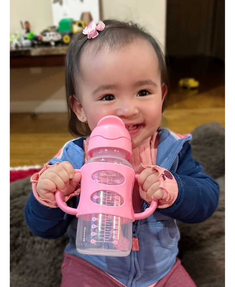 Baby Wide-Neck Sippy Straw Bottle with 100% Silicone Handles, 9oz, Pink