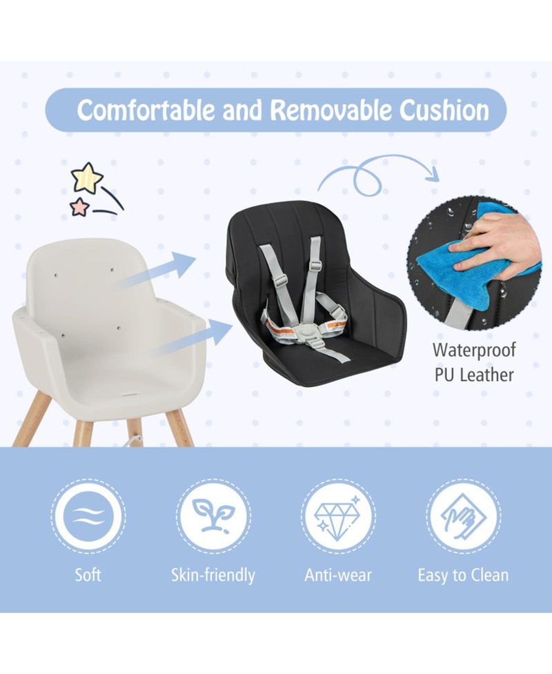 Baby 3-in-1 Convertible Wooden Baby High Chair with Cushion