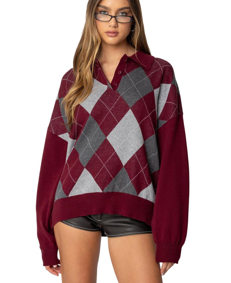 Women's Argyle Oversized Polo Sweater