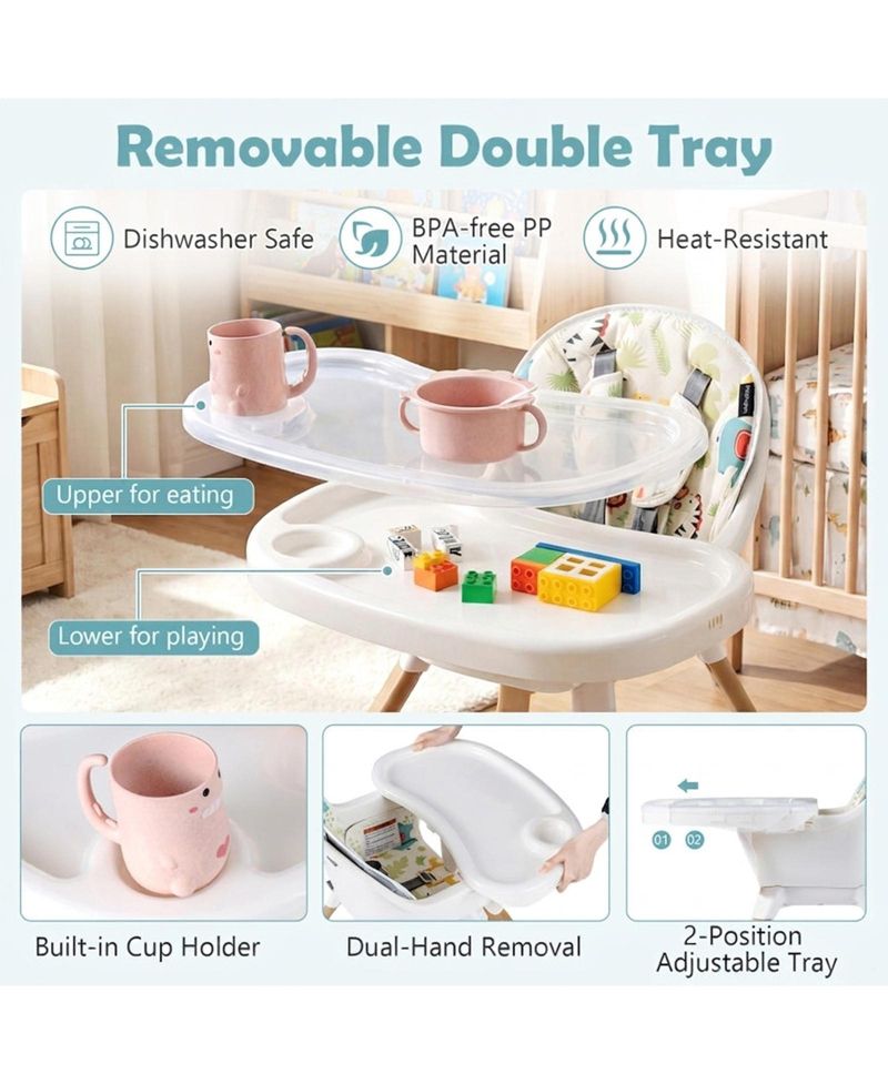 Convertible Dual-Tray Adjustable-Height High Chair