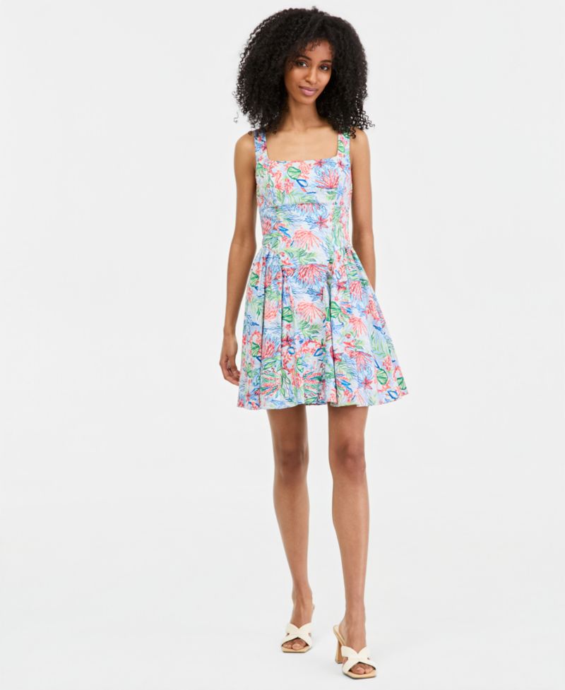 Juniors' Printed Sleeveless Fit & Flare Dress
