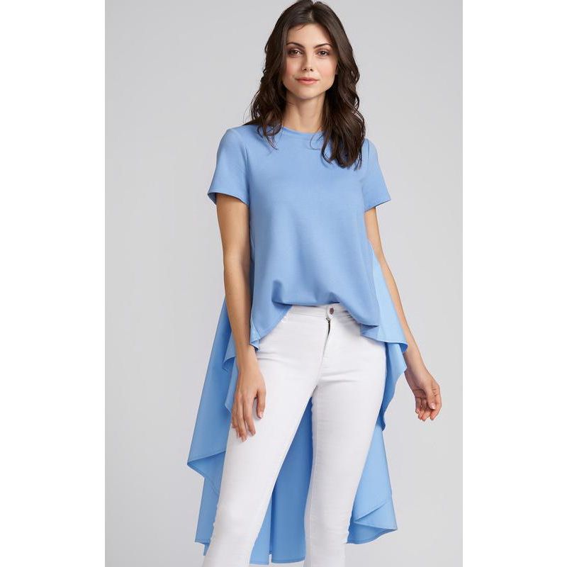Women's Piper High Low Short Sleeve Top with Cotton Knit Cropped Bodice and Polished Cotton Long Peplum