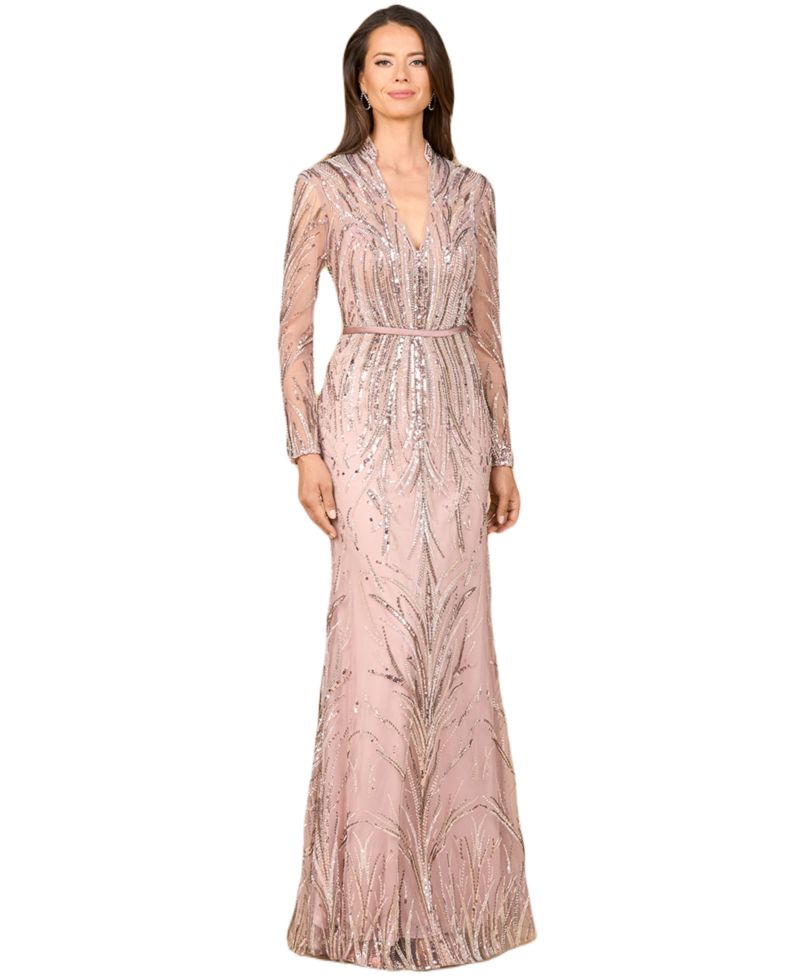 Women's Mandarin V-Neck Gown with Long Sleeves