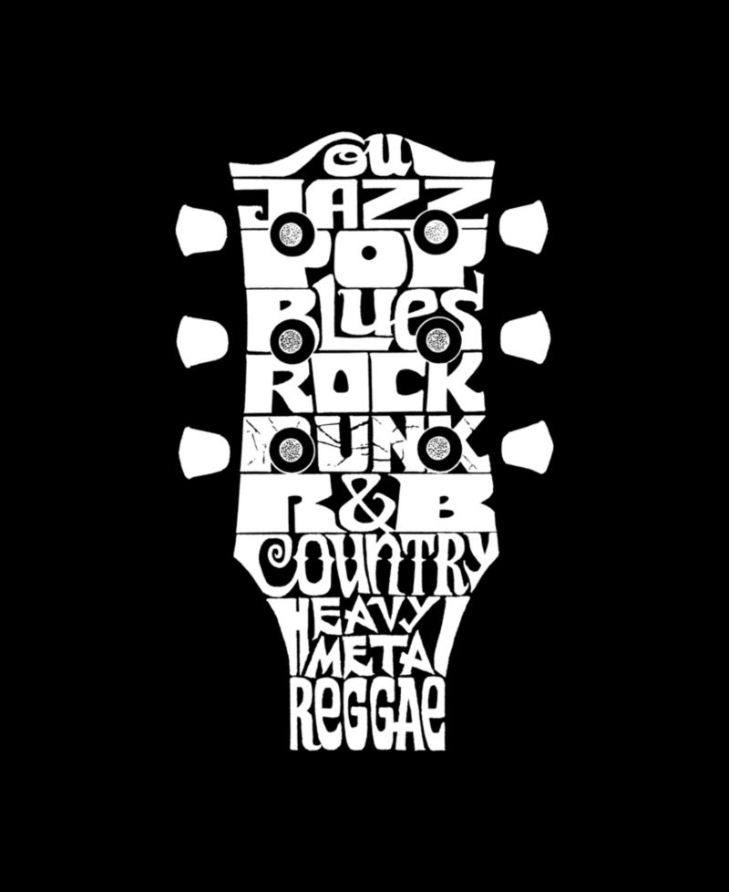 Men's Word Art Guitar Head Music Genres Hooded Sweatshirt