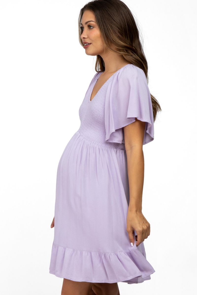 Women's Lavender Smocked Front Ruffle Hem Dress