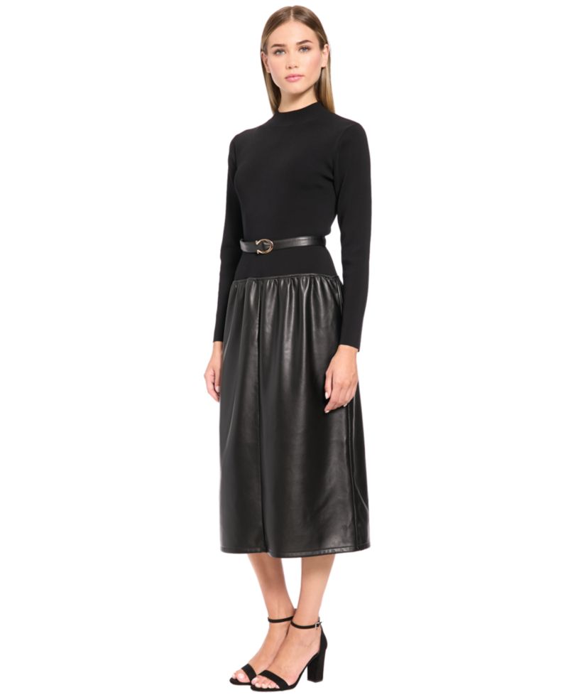 Women's Long-Sleeve Mock-Neck Mixed-Media Midi Dress