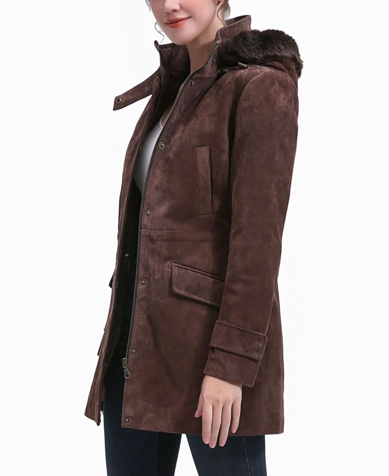 Women's Iris Hooded Suede Leather Parka Jacket