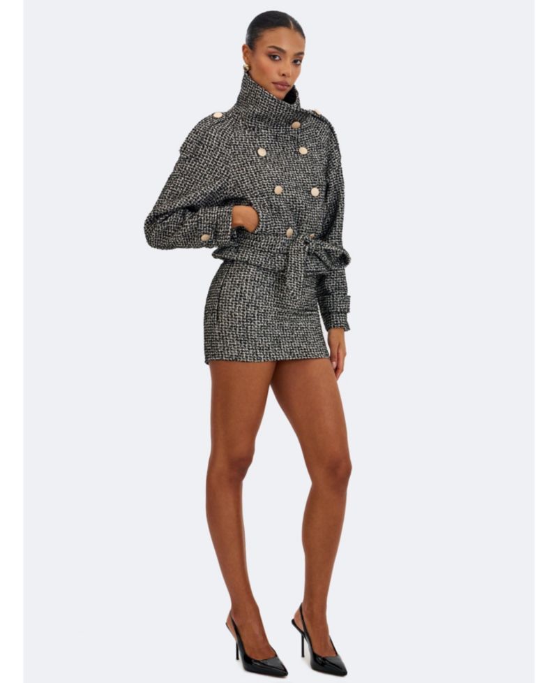 Women's Sadie Black and White Tweed High Collar Belted Mini Jacket