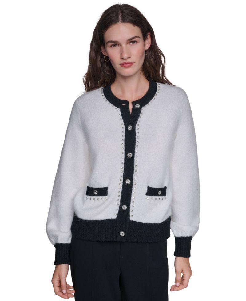 Women's Crystal-Trim Colorblock Cardigan Sweater