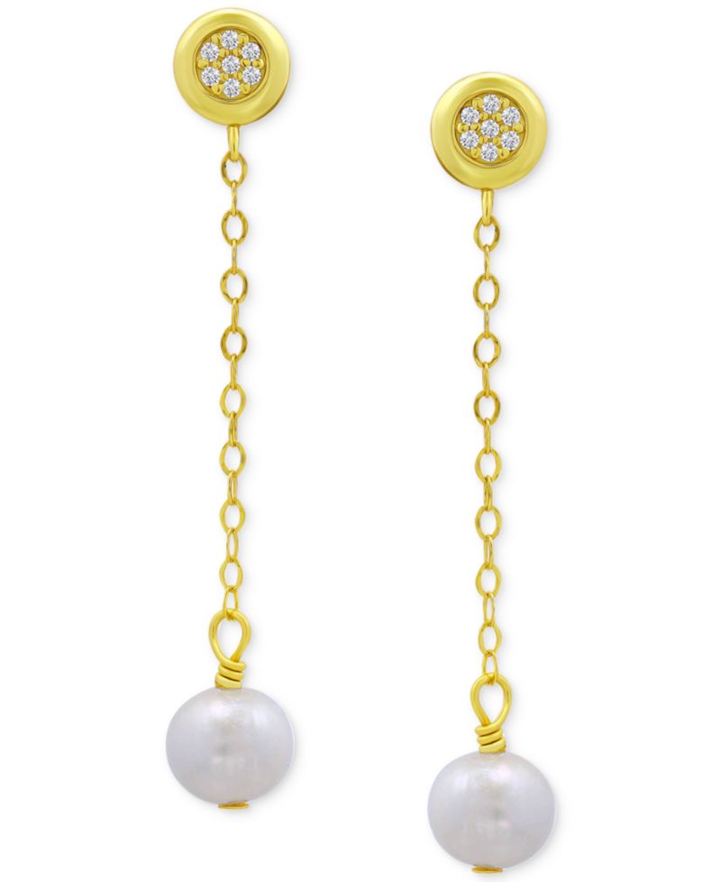 Cultured Freshwater Pearl (7mm) & Cubic Zirconia Chain Drop Earrings in 18k Gold-Plated Sterling Silver