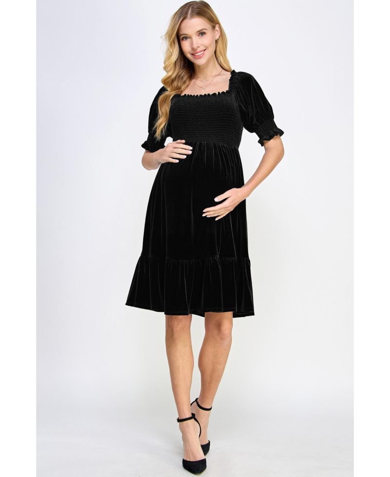 Women's Velvet Empire Waist Puff Sleeve Smocked Neck Dress