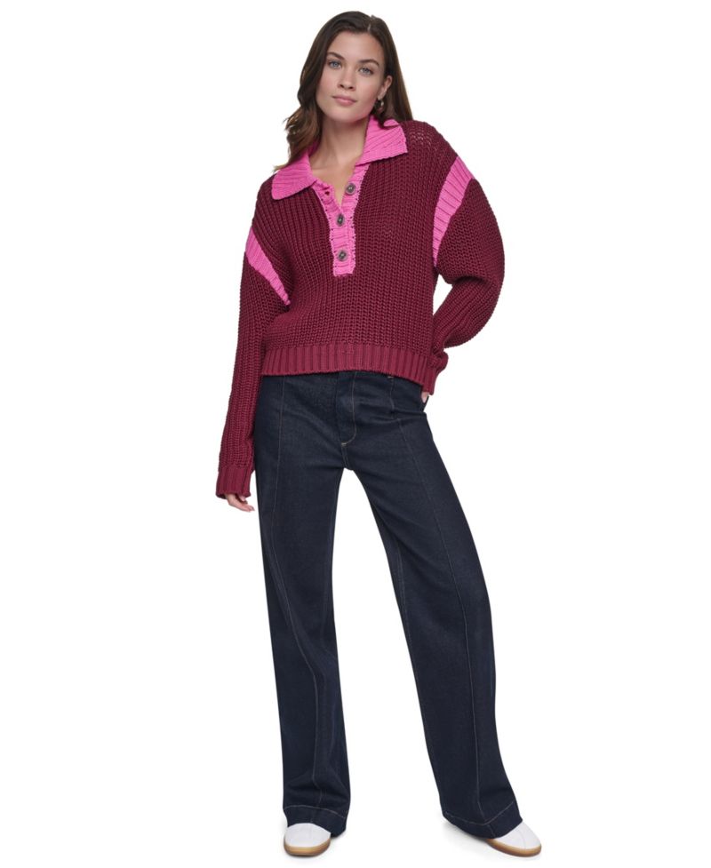 Women's Henley Colorblock Drop-Shoulder Sweater