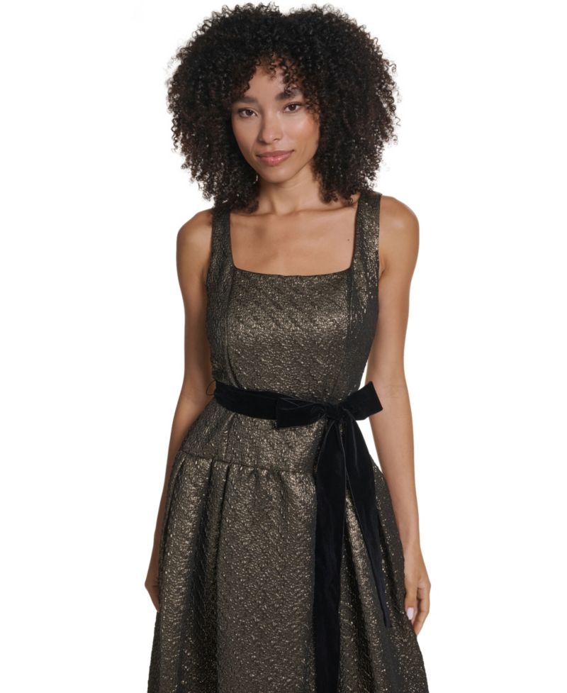 Women's Metallic-Jacquard Square-Neck Fit & Flare Midi Dress