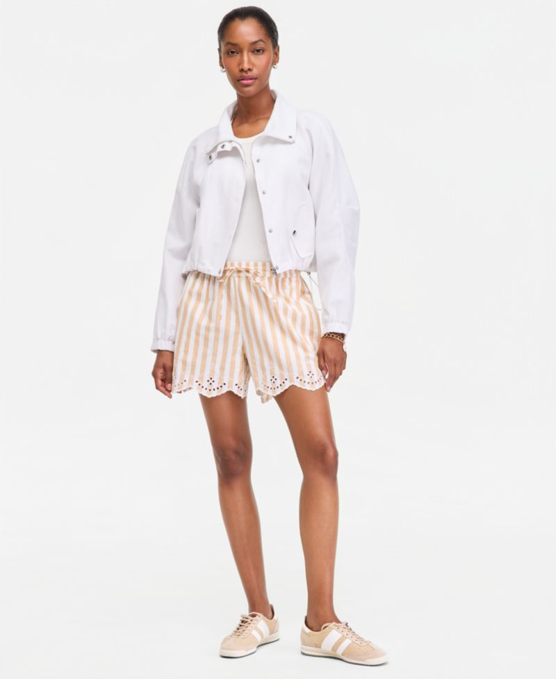 Women's Stripe Mid-Rise Embroidered Eyelet Linen Blend Pull-On Shorts
