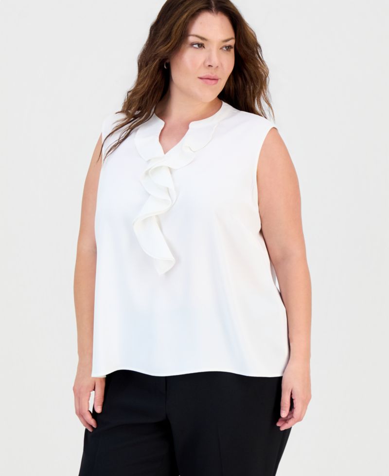 Plus Size Ruffle Split-Neck Sleeveless Top