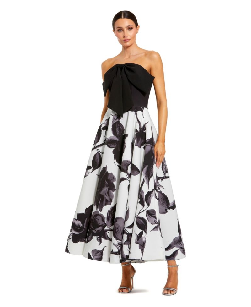 Women's Crepe Printed Strapless Midi Dress With Bow