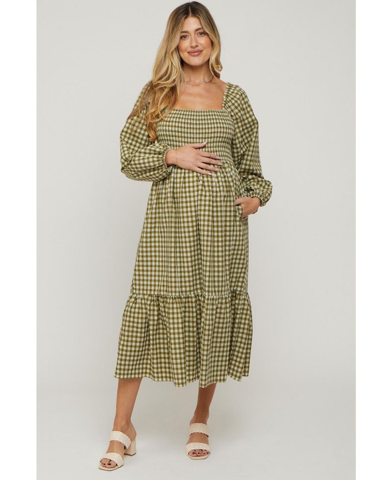 Women's Olive Gingham Long Sleeve Midi Dress