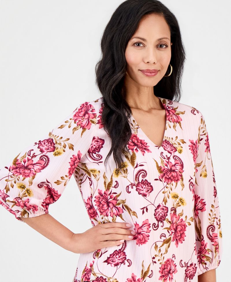 Women's Garden Floral Shine V-Neck 3/4-Sleeve Top