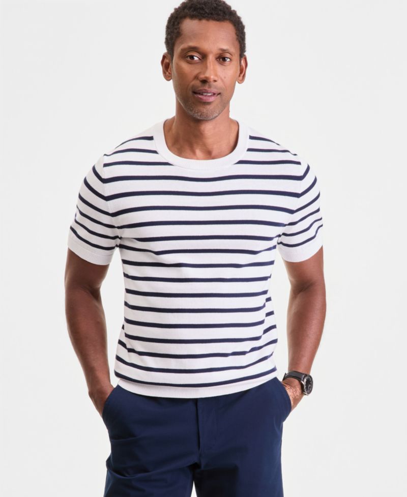 Men's Short-Sleeve Bengal Striped Cotton Sweater T-Shirt