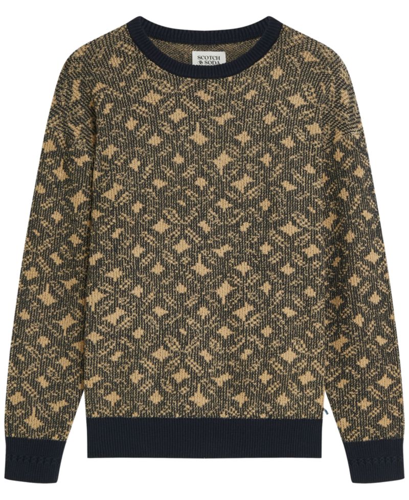 Men's Jacquard Wool-Blend Dropped Shoulder Crewneck Sweater