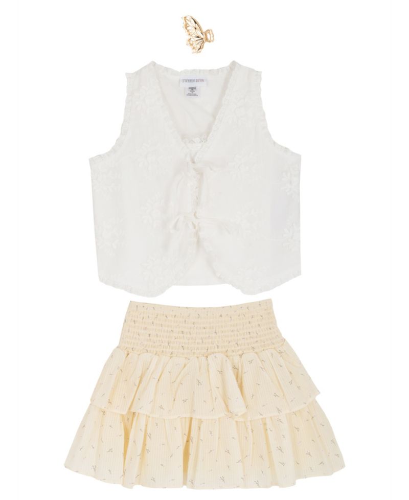 Girls' 7-12 Eyelet Vest, Cami and Floral Skort, 3-Piece Set