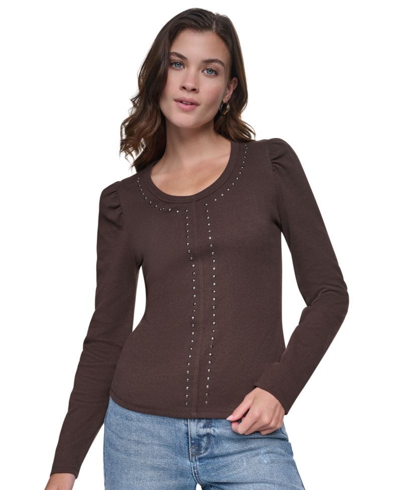 Women's Scoop Neck Long-Puff Sleeve Rhinestud Cotton-Blend Top