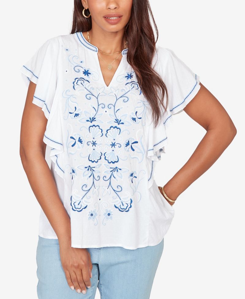 Petite Feather-light Embroidered Flutter-Sleeve T-Shirt