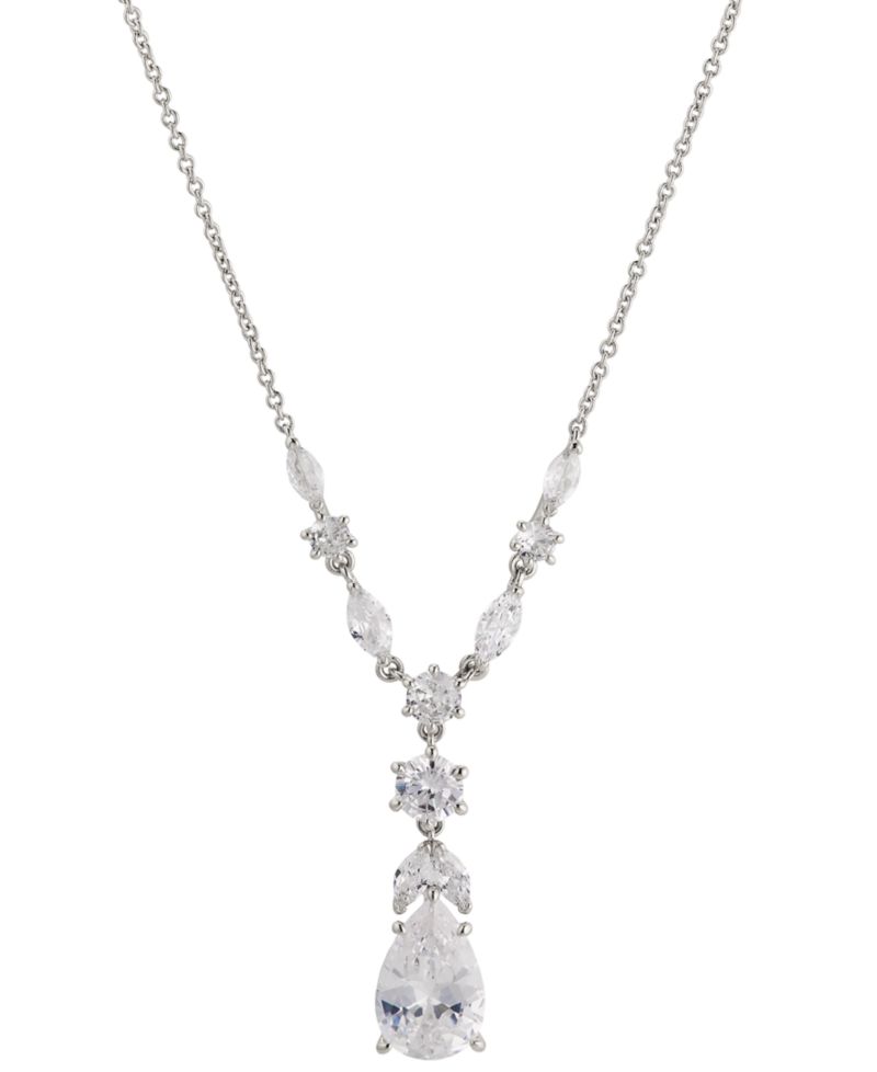 Rhodium-Plated Pear-Shape Cubic Zirconia Lariat Necklace, 16" + 2" extender