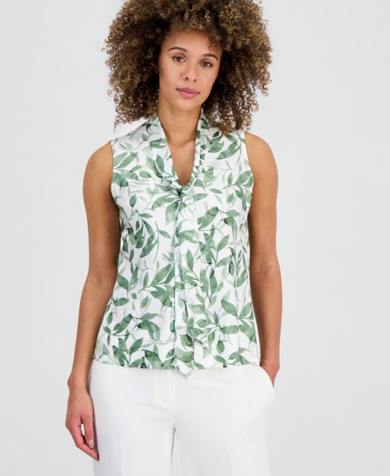 Petite Women's Printed Tie-Neck Sleeveless Blouse