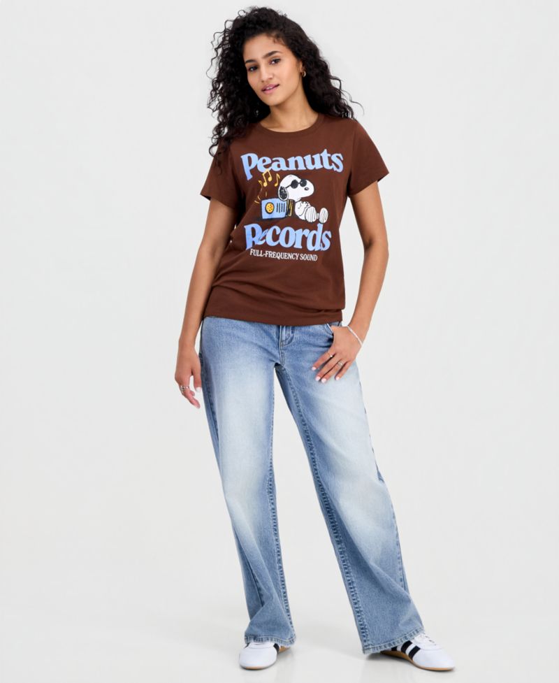 Juniors' Peanuts Records Graphic Print T-Shirt