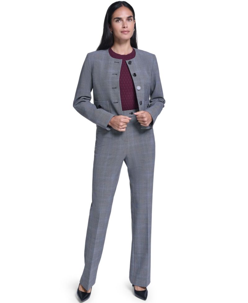 Women's Cropped Plaid Collarless Jacket