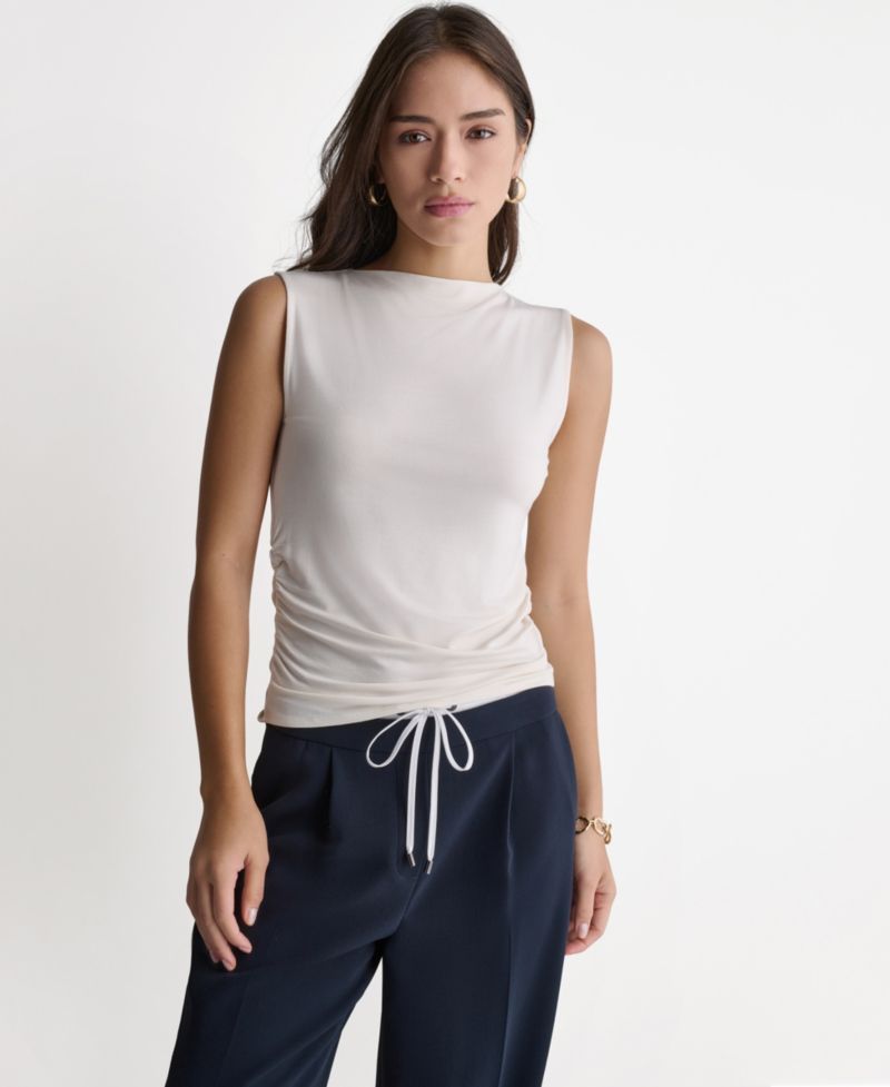 Women's Ruched Side Boat Neck Sleeveless Knit Top
