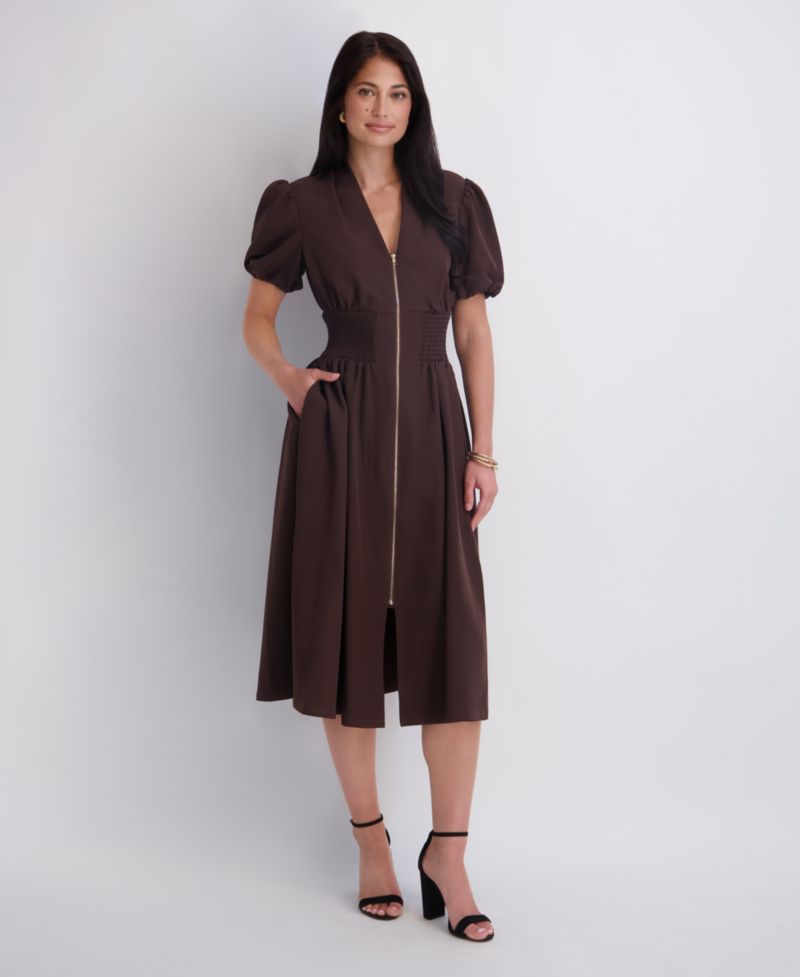 Women's Puff-Sleeve Smocked-Waist A-Line Midi Dress