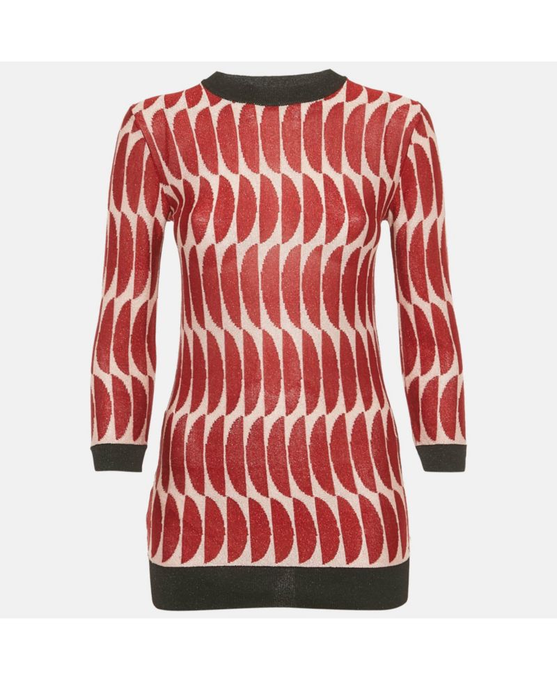 Women's Red/pink Patterned Lurex Knit Sheer Jumper