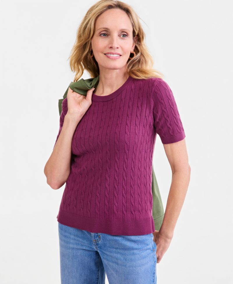 Petite Cable-Knit Short-Sleeve Sweater
