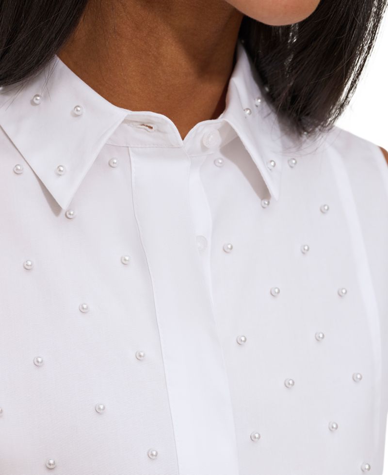 Women's Pearl-Embellished Sleeveless Collared Shirt