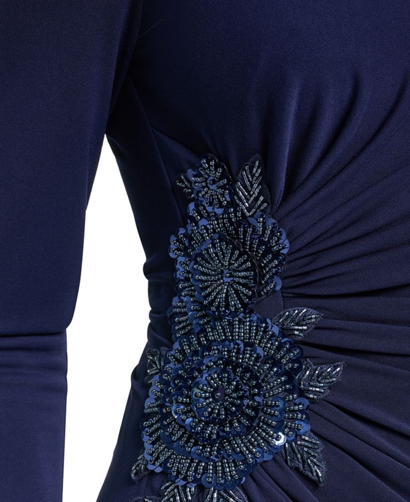 Women's Side Ruched Sleeve Gown Long Sleeve Sequin